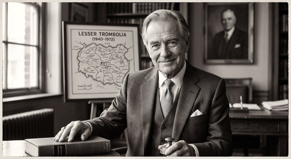 Strombuly Galifanti, seated in his office in front of a framed map of Lesser Trombolia.